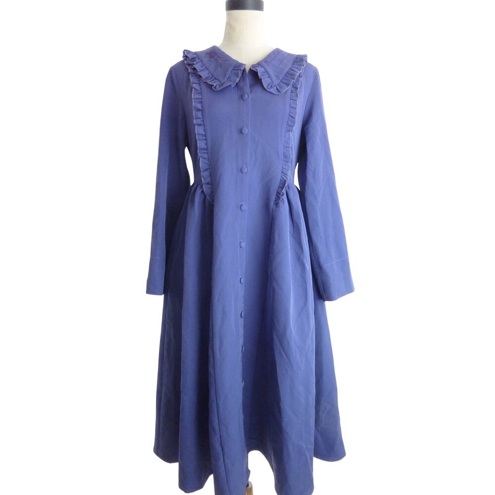Purple Midi Dress M Ruffle Embroidered Peter Pan Collar Long Sleeve Button Front